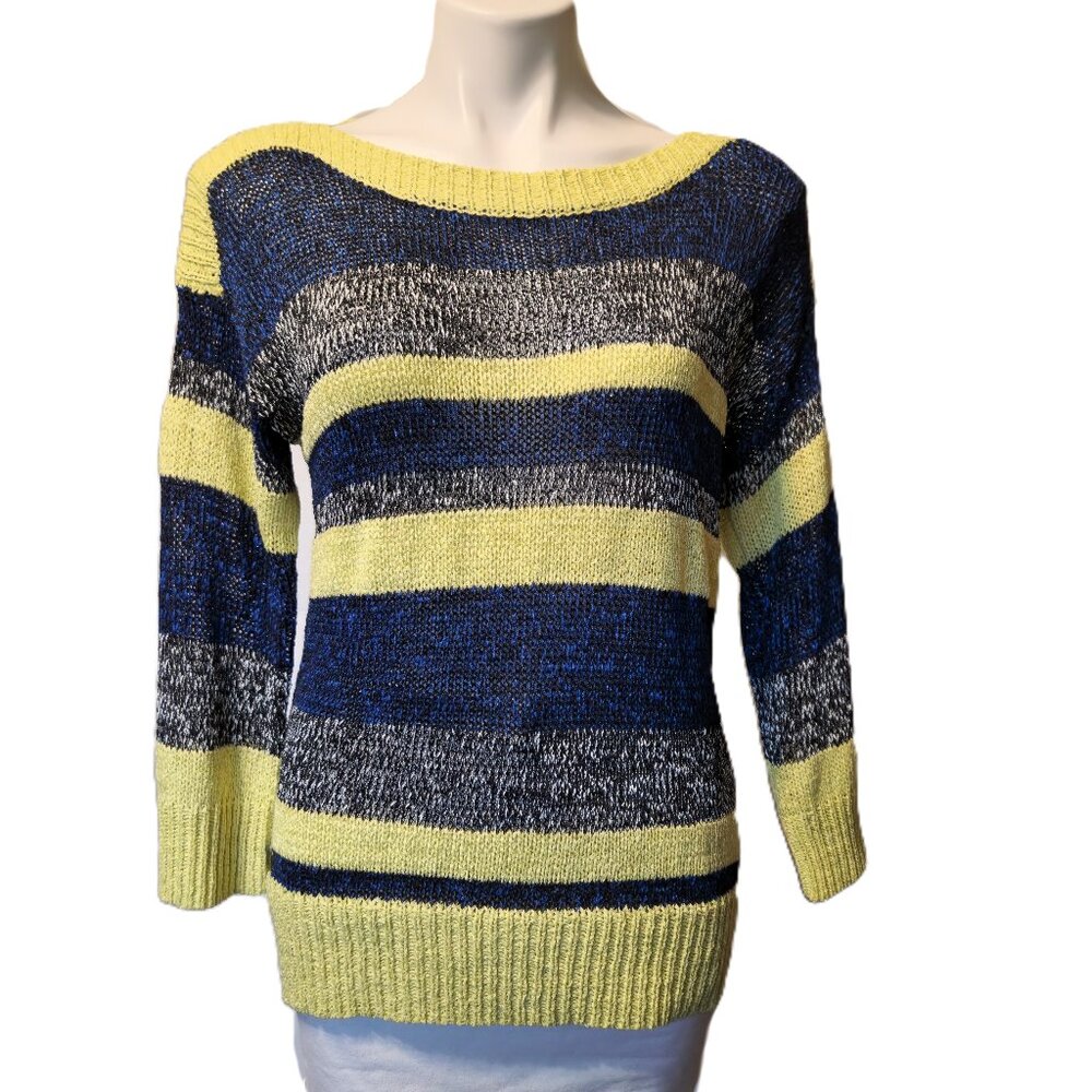 ❤️ 4/$20 Cable & Gauge knit sweater Women's medium stripes yellow blue comfy